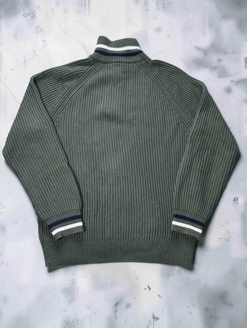 J Crew Mens Medium Olive Green Ribbed Quarter Zip Sweater Tipped Collar Raglan M